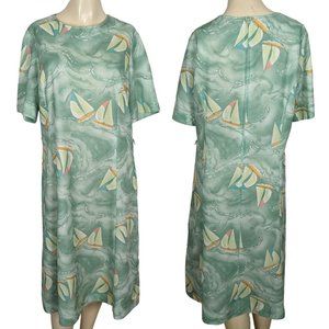 Nelly Don Vintage 1970s short sleeve Sail Boat‎ print light green Shift dress L